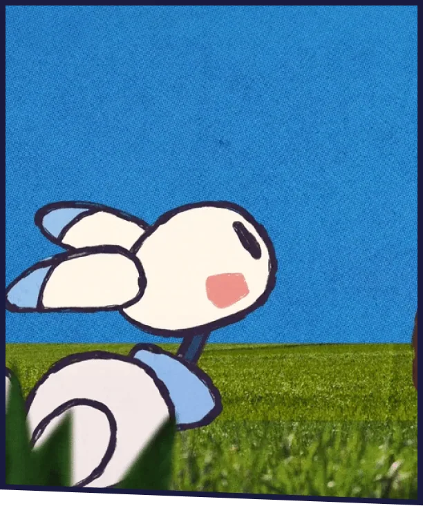 An animated character meets a dog.